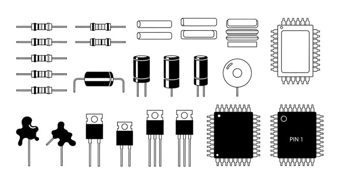 Electronic components illustration: resistors, capacitors, transistors, and integrated circuits, arranged in rows and columns.