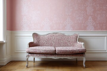 Ornate antique settee rests against a pale pink damask patterned wall in a room with wooden flooring