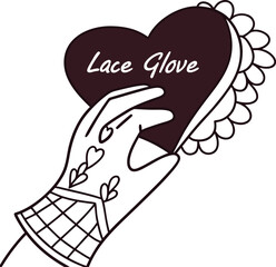 Lace glove holding heart with lace. hand drawn illustration. 