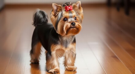 Adorable Yorkshire Terrier Dog with Red Bow on Head Standing on Wooden Floor.