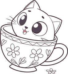 Cute kitten in a teacup line art vector drawing. isolated.  