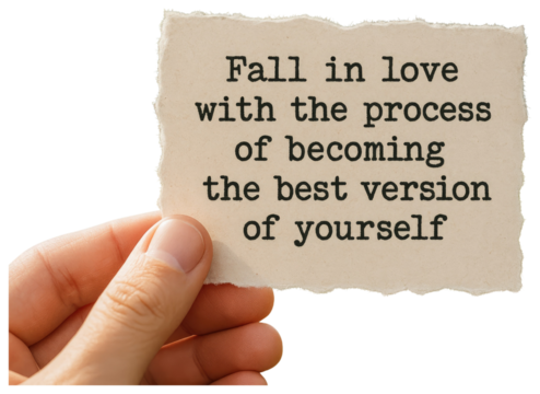 Torn paper with inspirational quote "Fall in love with the process of becoming the best version of yourself" held by hand isolated on a transparent background