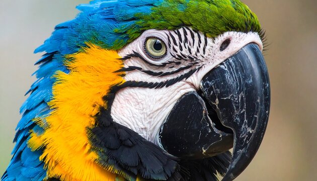 A close-up portrait showcases a vibrant macaw, its feathers a mix of blue, yellow, and green. The bird's intelligent eye and beak are clear