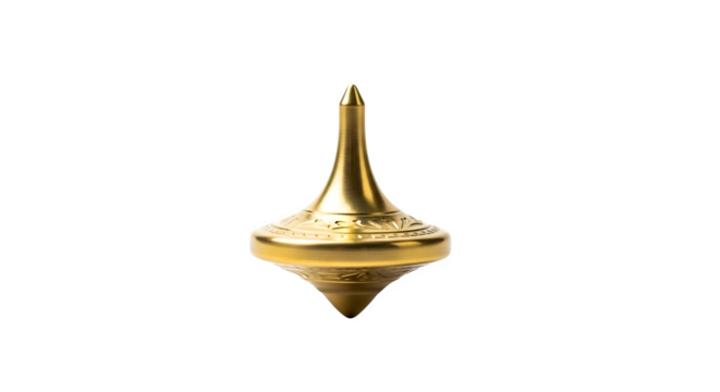 Golden spinning top isolated on transparent background, a symbol of uncertainty