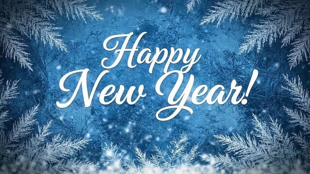 Animated winter holiday greeting card with white Happy New Year calligraphy on a dark blue texture with icy branches and magical floating snow particles in a loop festive design