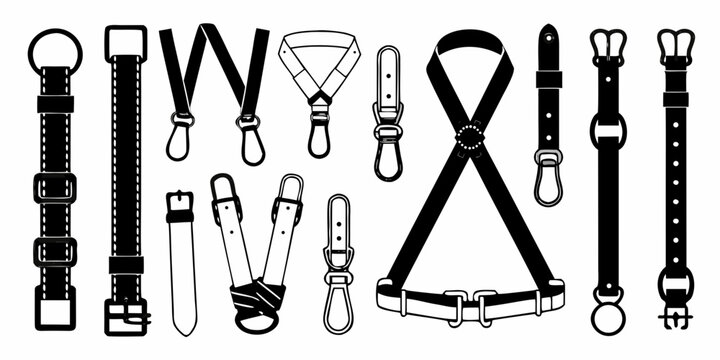 A comprehensive vector set of monochrome fetish accessories, showcasing a variety of leather straps, bondage harnesses, collars, and belts for subculture design concepts