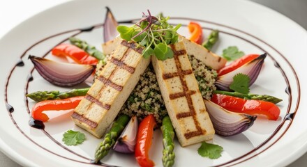 Artfully Plated Grilled Tofu Steaks on Quinoa with Roasted Asparagus and Balsamic Glaze