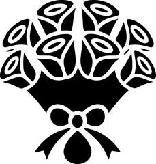 Elegant Black and White Vector Silhouette Icon of a Rose Bouquet Tied with Ribbon Bow – Perfect Minimalist Graphic for Wedding Invitations, Love Symbols, Valentine's Day Decorations, and Floral Logos.