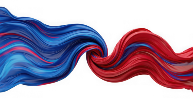 Dynamic red and blue flowing fabric intertwining wave abstract isolated on transparent background