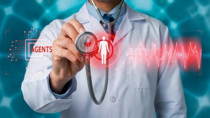 Doctor with stethoscope near red anatomy hologram, digital health interface with AI agent icon, medical data visualization, diagnostic technology display, modern healthcare system environment. - Powered by Adobe