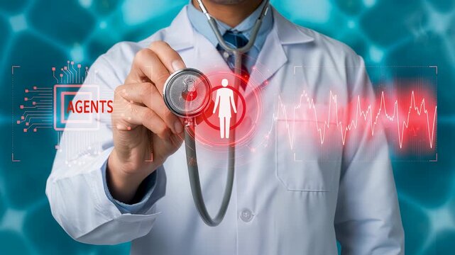 Doctor with stethoscope near red anatomy hologram, digital health interface with AI agent icon, medical data visualization, diagnostic technology display, modern healthcare system environment. - Powered by Adobe