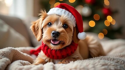 Cheerful brown dog wearing a red Santa hat and a red scarf sits on a cozy blanket. A decorated Christmas tree is blurred in the background. Generative Ai - Powered by Adobe