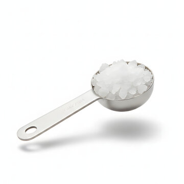 Metal Measuring Spoon Holding Sea Salt Crystals Isolated on White