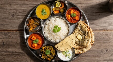 Authentic Indian Vegetarian Thali Feast: A Colorful Array of Curries, Rice, and Naan