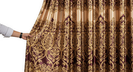 Hand holding rich gold and burgundy damask patterned luxury curtain isolated on transparent background