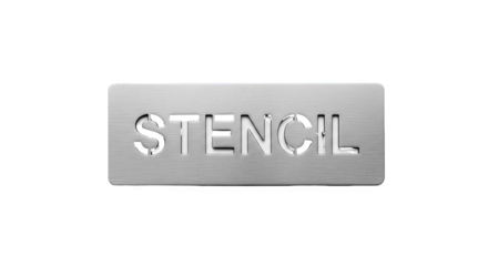 Metal stencil with the word "STENCIL" cut out in capital letters—rectangular shape, rounded corners, brushed surface. Used for labeling, painting, or artistic templates