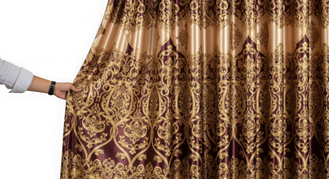 Hand holding rich gold and burgundy damask patterned luxury curtain isolated on transparent background
