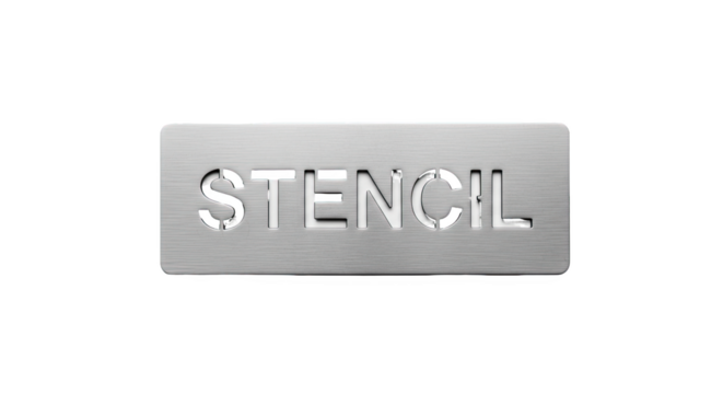 Metal stencil with the word "STENCIL" cut out in capital letters—rectangular shape, rounded corners, brushed surface. Used for labeling, painting, or artistic templates