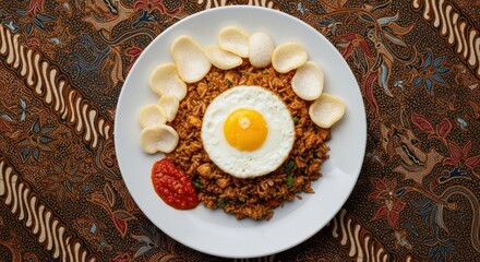 Authentic Indonesian Nasi Goreng with Egg and Crackers on a Batik Tablecloth