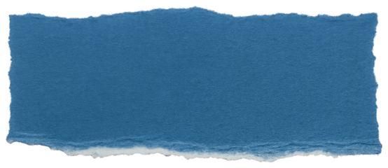Vibrant blue torn paper strip with frayed white edges and textured surface graphic design isolated on a transparent background