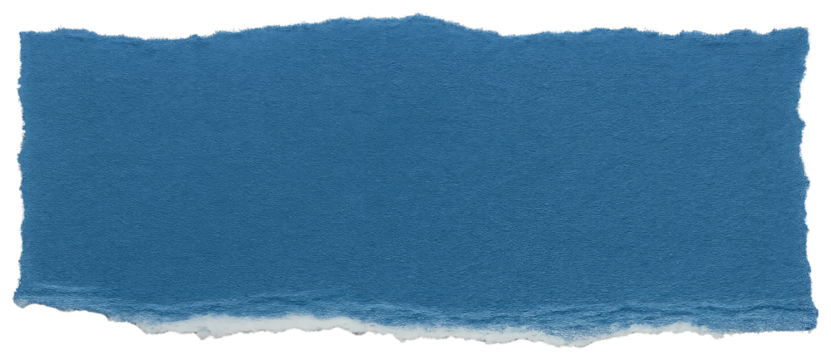 Vibrant blue torn paper strip with frayed white edges and textured surface graphic design isolated on a transparent background