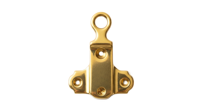 Brass-plated wall hook with rounded top and three mounting holes—symmetrical design, polished finish. Ideal for hanging keys, coats, or decorative items in home interiors