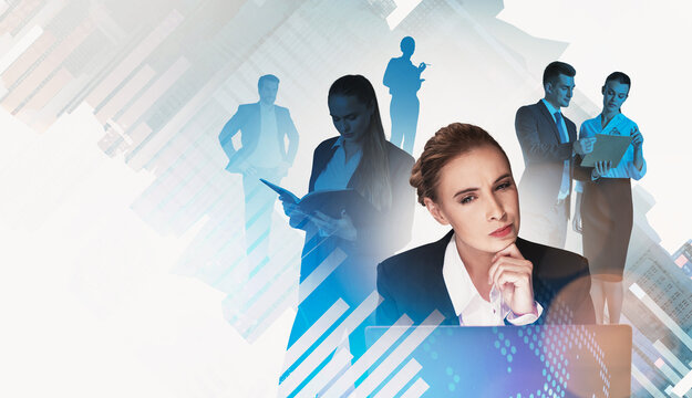 Businesswoman thinking at laptop with diverse professionals in background, modern abstract style, gradient city background, concept of teamwork and leadership