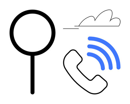 Magnifying glass, classic phone receiver, blue wireless signal waves, minimal cloud. Ideal for communication, support, search, connectivity, cloud technology customer service simple flat metaphor
