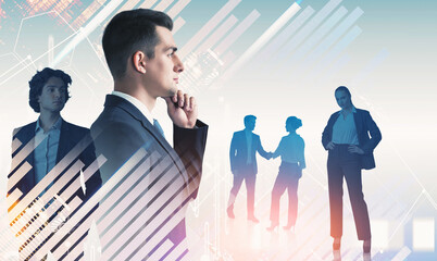 Group of business people in suits over abstract digital background with gradient hues, symbolizing leadership, teamwork, and innovation concept