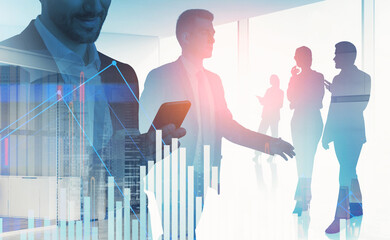 Business people in office environment with abstract bar and line graphs overlay, double exposure style, on bright background, symbolizing financial growth concept