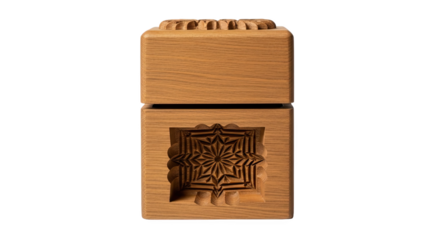 Wooden stamp with carved ridged top and geometric star-like base—symmetrical, textured, and likely used for imprinting decorative patterns in baking or crafting