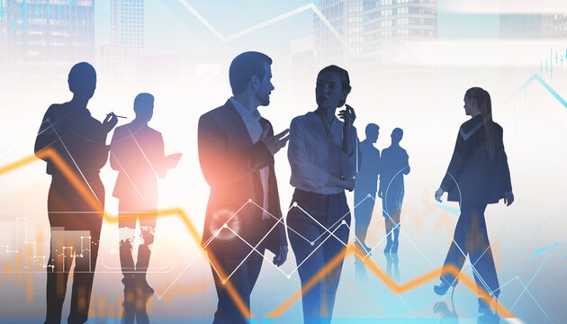 Group of businesspeople communicating and collaborating, modern abstract style, city skyscraper background, concept of teamwork and financial strategy