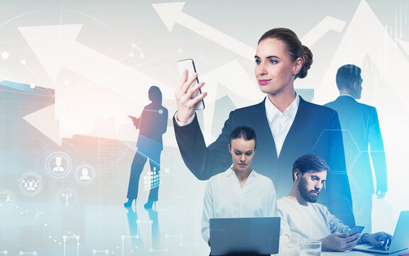 Group of people working with devices in modern style over abstract futuristic city background with arrows and network icons, showing business technology concept