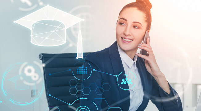 Woman in business suit on phone, futuristic holographic education icons and digital elements around her, on bright indoor office background, concept of learning