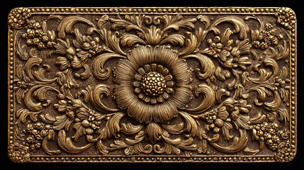 An intricately carved, vintage, gold-colored ornamental panel, showcasing floral and botanical elements, evoking timeless elegance and artistry
