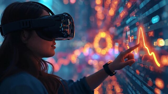 Woman in VR Headset Interacting with Holographic Data Visualization in a Futuristic Digital Environment, Exploring Immersive Virtual Reality Analytics