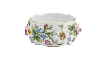 Porcelain bowl with scalloped rim, painted floral patterns, and 3D flower accents—white base with gold trim. Ornate, colorful, and ideal for decorative or collectible display