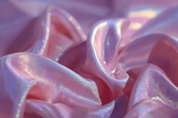 Pink iridescent fabric drapes and shimmers, showcasing textures and subtle colors