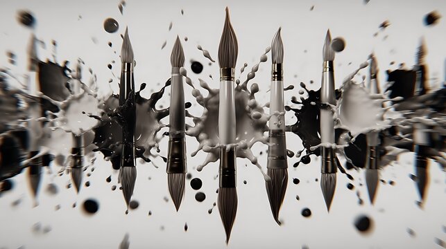 Paintbrushes suspended in midair with black and white paint splattering around them, creating a dynamic and artistic composition, isolated on white background