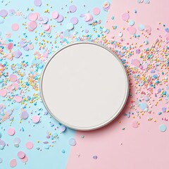 Circular blank plate on pink/blue split background with pastel sprinkles/confetti