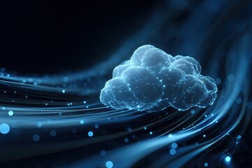 Digital cloud formation with connected dots and flowing light trails against dark backdrop