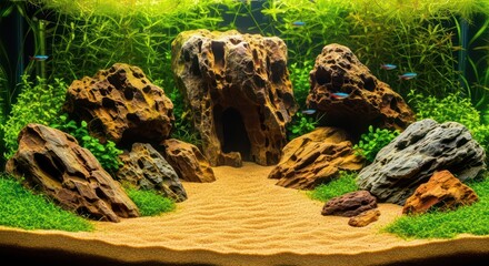 Beautifully Designed Aquascape with Rocks and Plants.