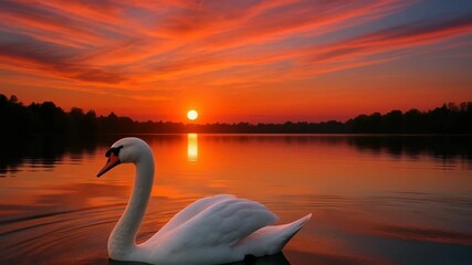 A serene video concept featuring a swan gliding on a lake at sunset. Captured from a low angle, the vibrant sky reflects on the water's surface. Live desktop wallpaper.