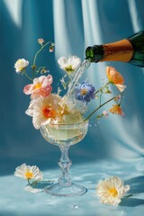 Sparkling wine pouring into a floral glass on blue fabric backdrop