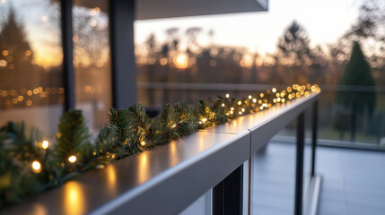 A beautifully decorated balcony with garlands and twinkling lights, capturing the essence of a cozy evening atmosphere during the festive season all around.