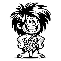 funny cartoon caveman character with messy hair and a big smile, dressed in leopard print clothes vector image illustration