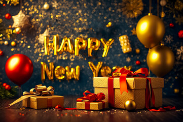 A card of New Year with gift boxes, balloon and blurred text Happy New Year on background.