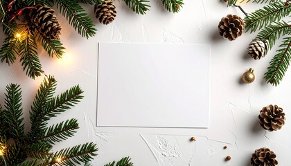 Festive holiday flat lay with a blank greeting card mockup, fir branches, pine cones, and glowing Christmas lights on a white table