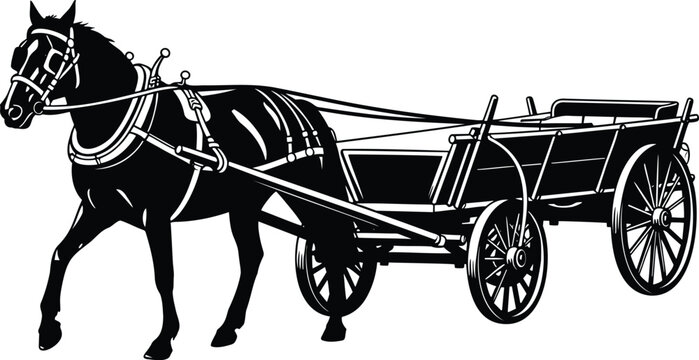 Horse Pulling Farm Wagon Silhouette Vector Illustration