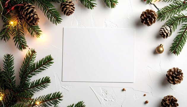 Festive holiday flat lay with a blank greeting card mockup, fir branches, pine cones, and glowing Christmas lights on a white table